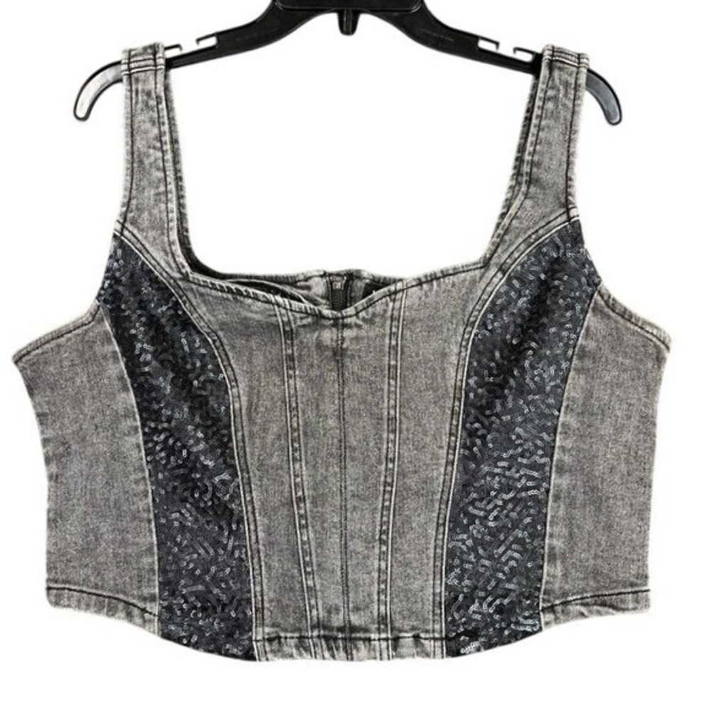 Bebe Denim Corset Top Womens XL Acid Wash Sequin Panels Cropped Night Out